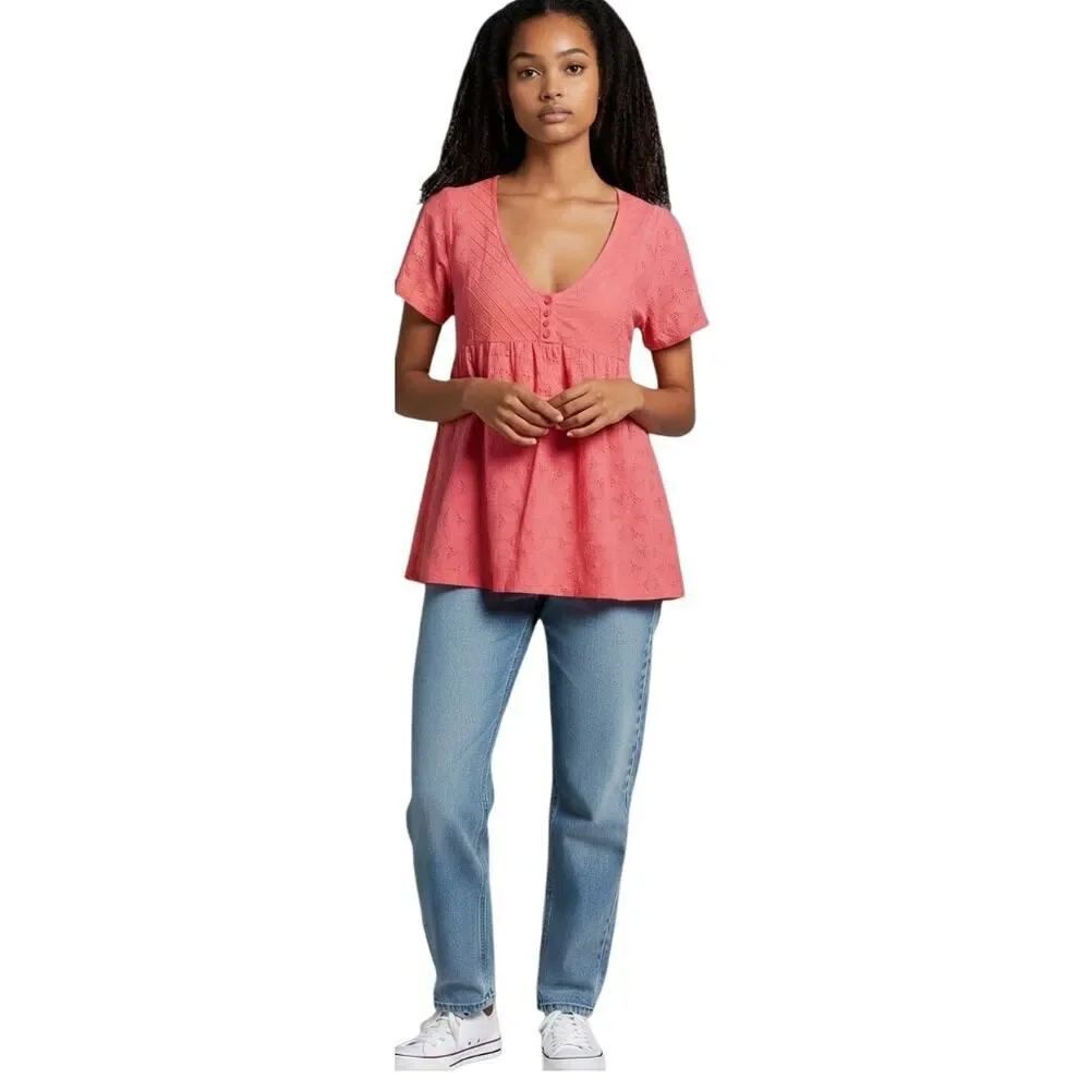 BCBGeneration Womens Top Pink Eyelet Short Sleeve Scoop Neck Babydoll XS